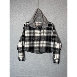 SO Flannel Shirt Womens Small Black White Plaid Gray Hooded Button Crop‎ Top
